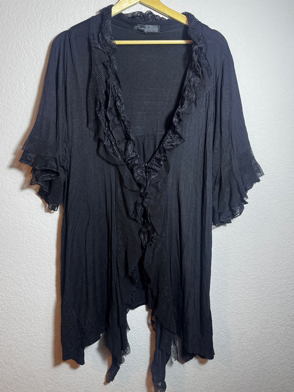 Pretty Angel Cardigan Womens L Black Silk Blend Lace Ruffle Lagenlook Boho